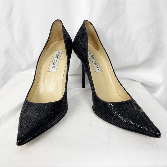 Jimmy Choo Abel Glitter Stiletto Pointed Toe Heels Black Sparkly Cocktail Party - Picture 3 of 7